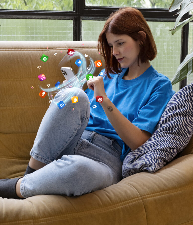 full shot woman holding smartphone