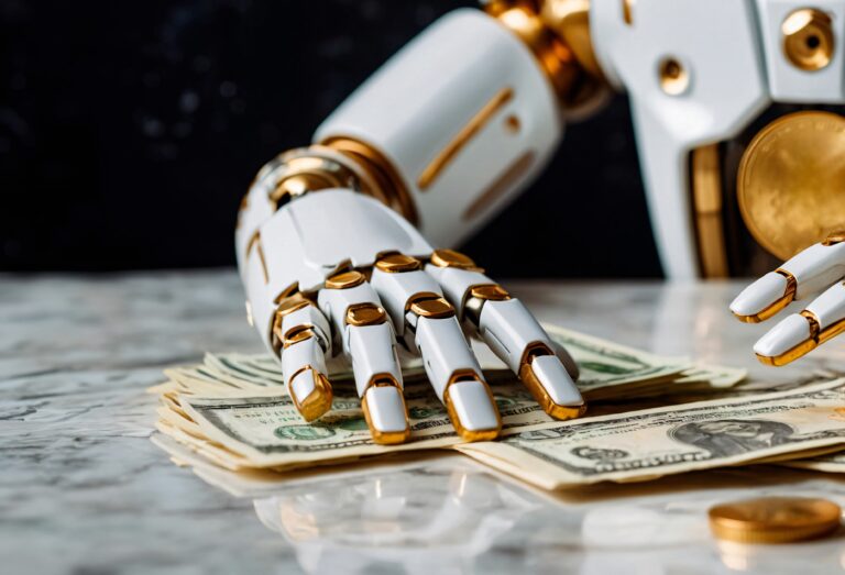 futuristic robot interacting with money