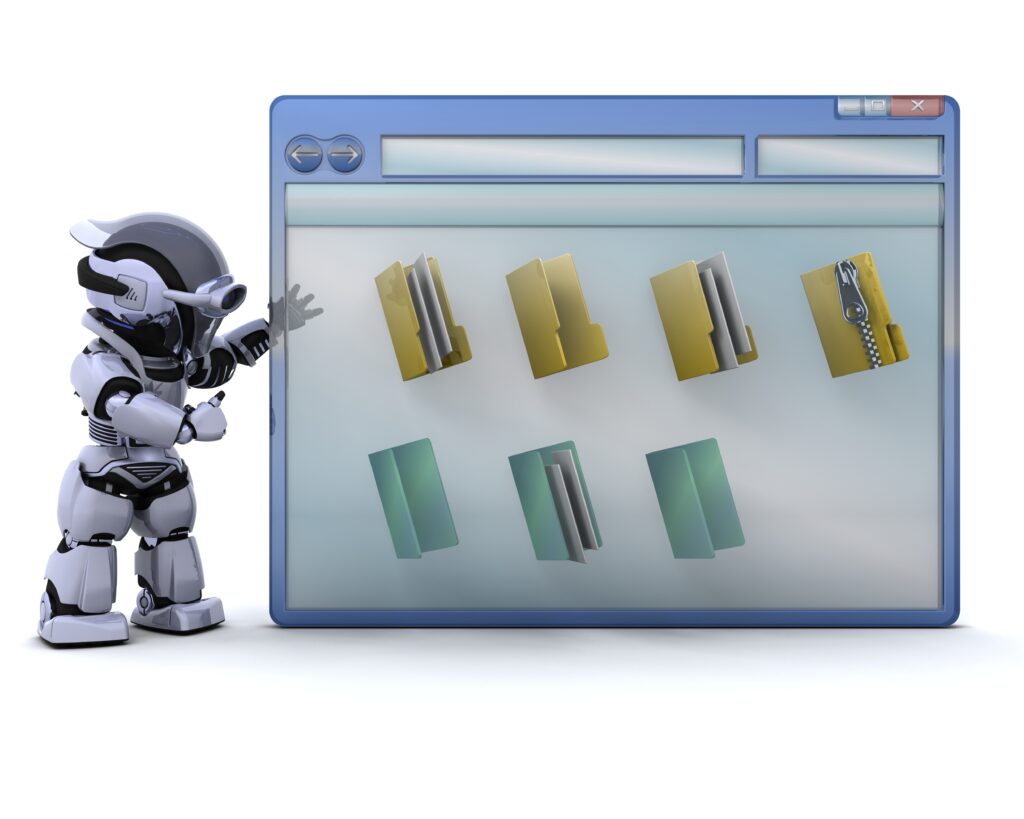 robot with computer window and folder icons